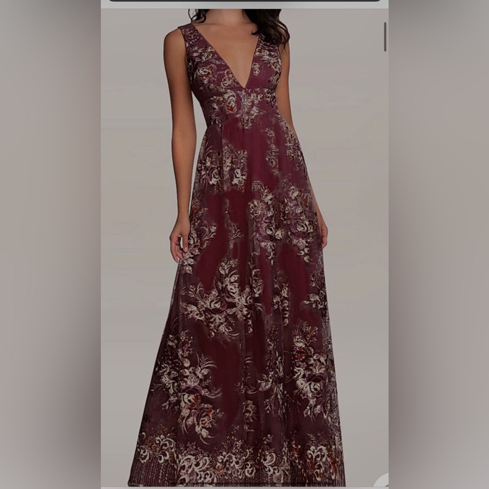 Azazie AZ Occasions Romantic Adventure Cabernet Embroidery Tulle Maxi Dress
